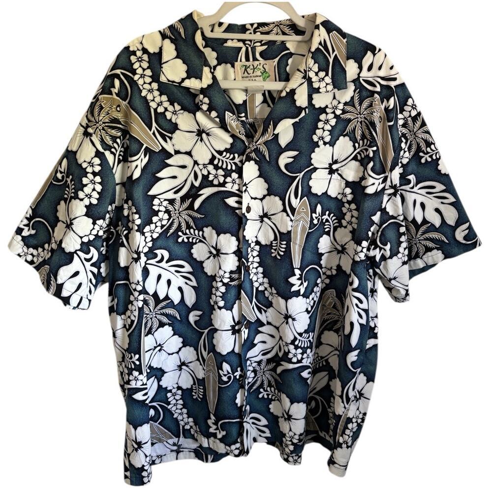 Ky's Hawaiian Shirt 2XL blue White Floral 80s Retro Aloha Beach Vintage